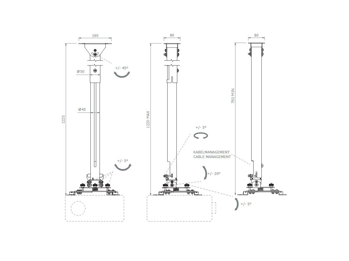 HA BDH - Support plafond proj. 700 mm - 1250 mm