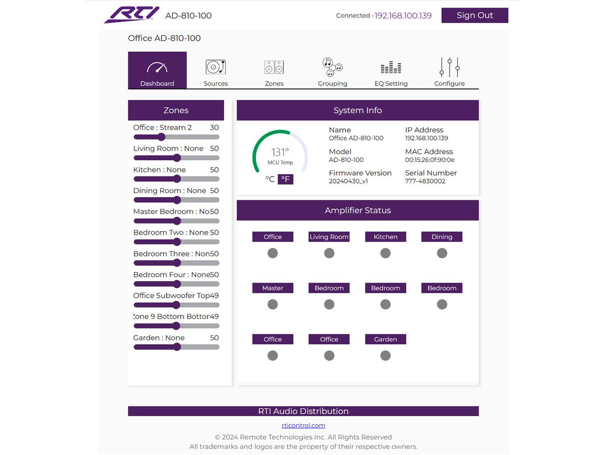 AD-810-100 - 8x10 DSP Matrix Amplifier - 100W